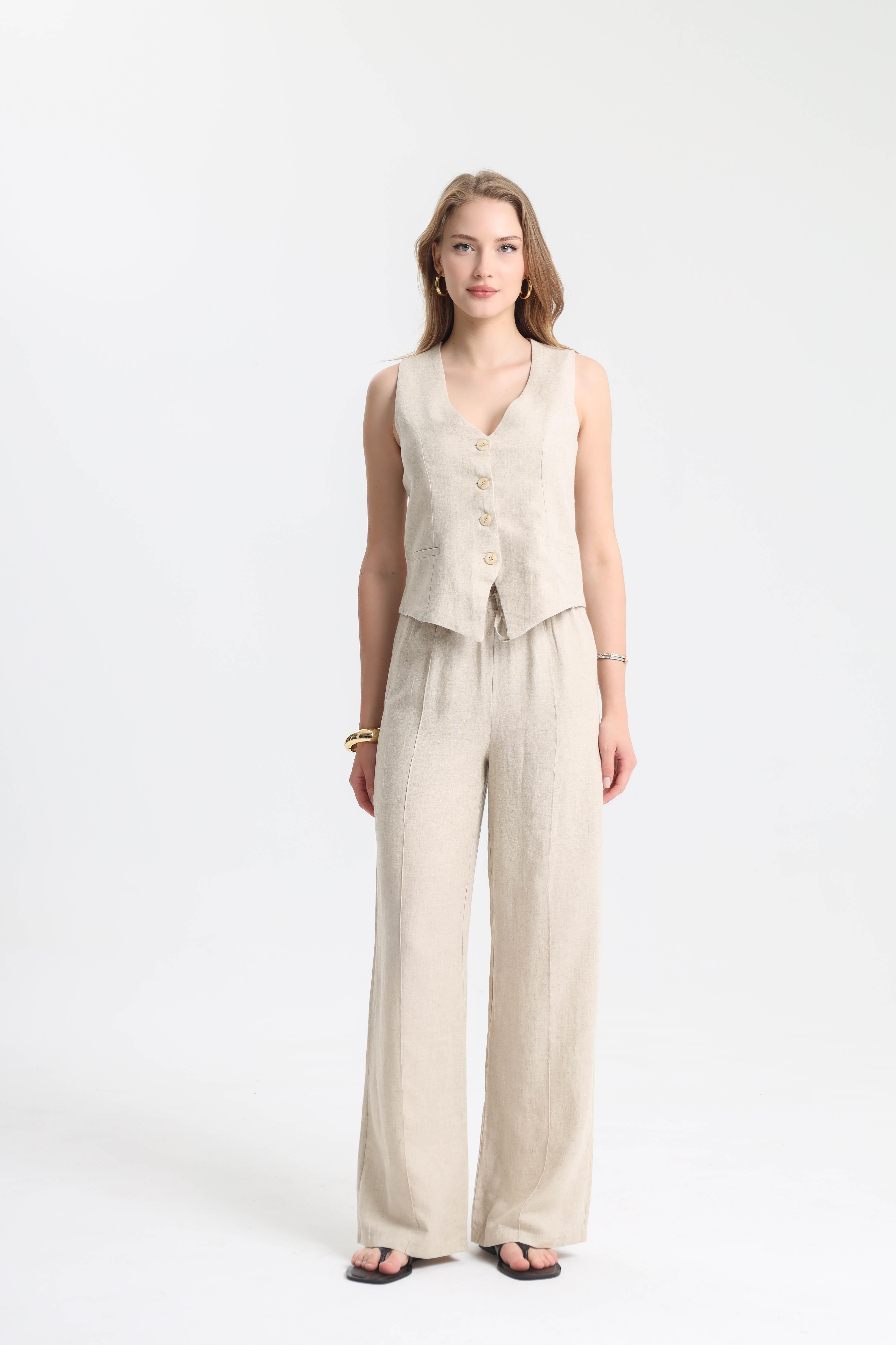 Dilek Aydın Atelier Natural  Casual %100 Keten Yelek- Belden Bağcıklı Pantolon Takım