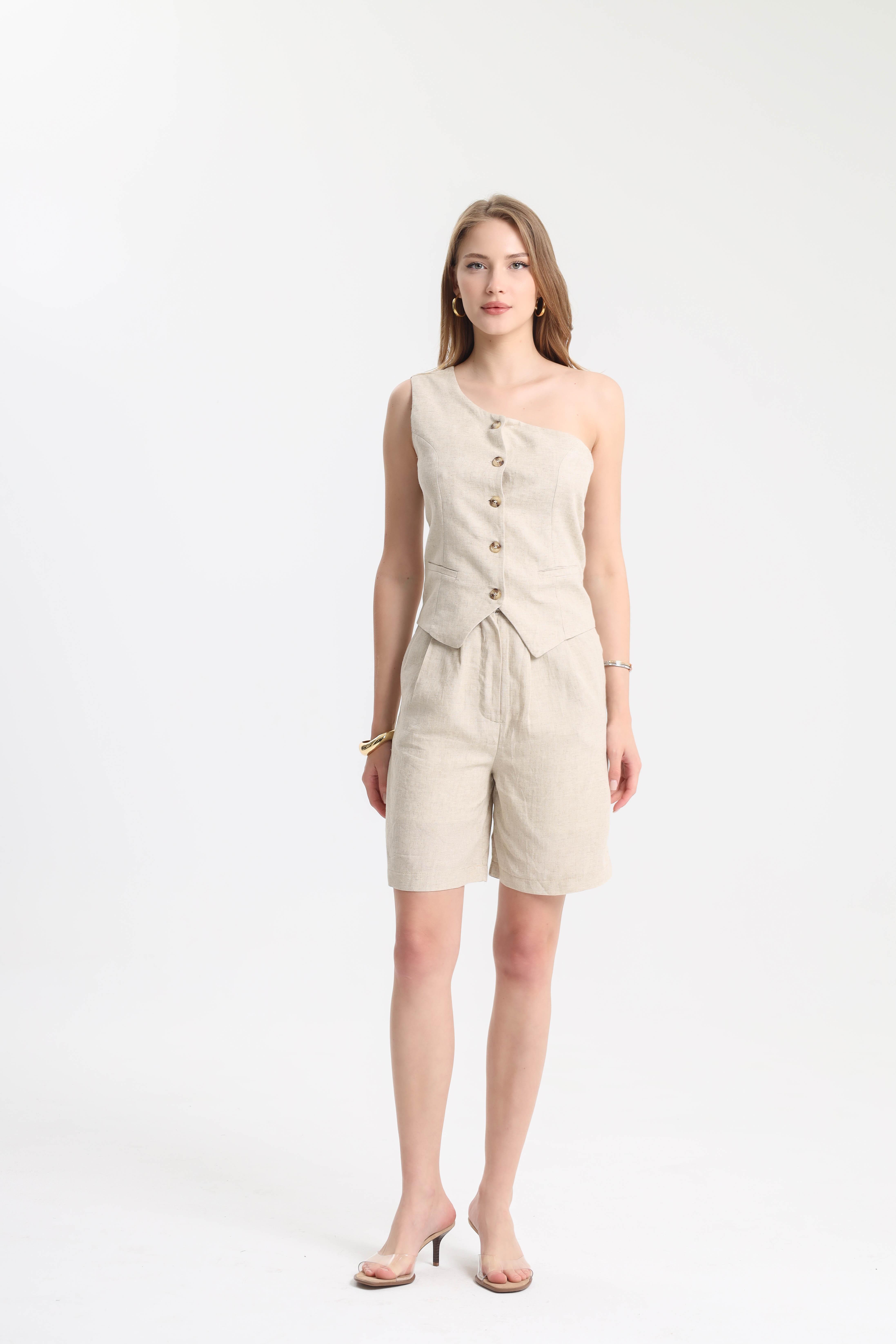 Dilek Aydın Atelier Natural-Taş Casual %100 Keten Tek Omuz Yelek- Şort Takım
