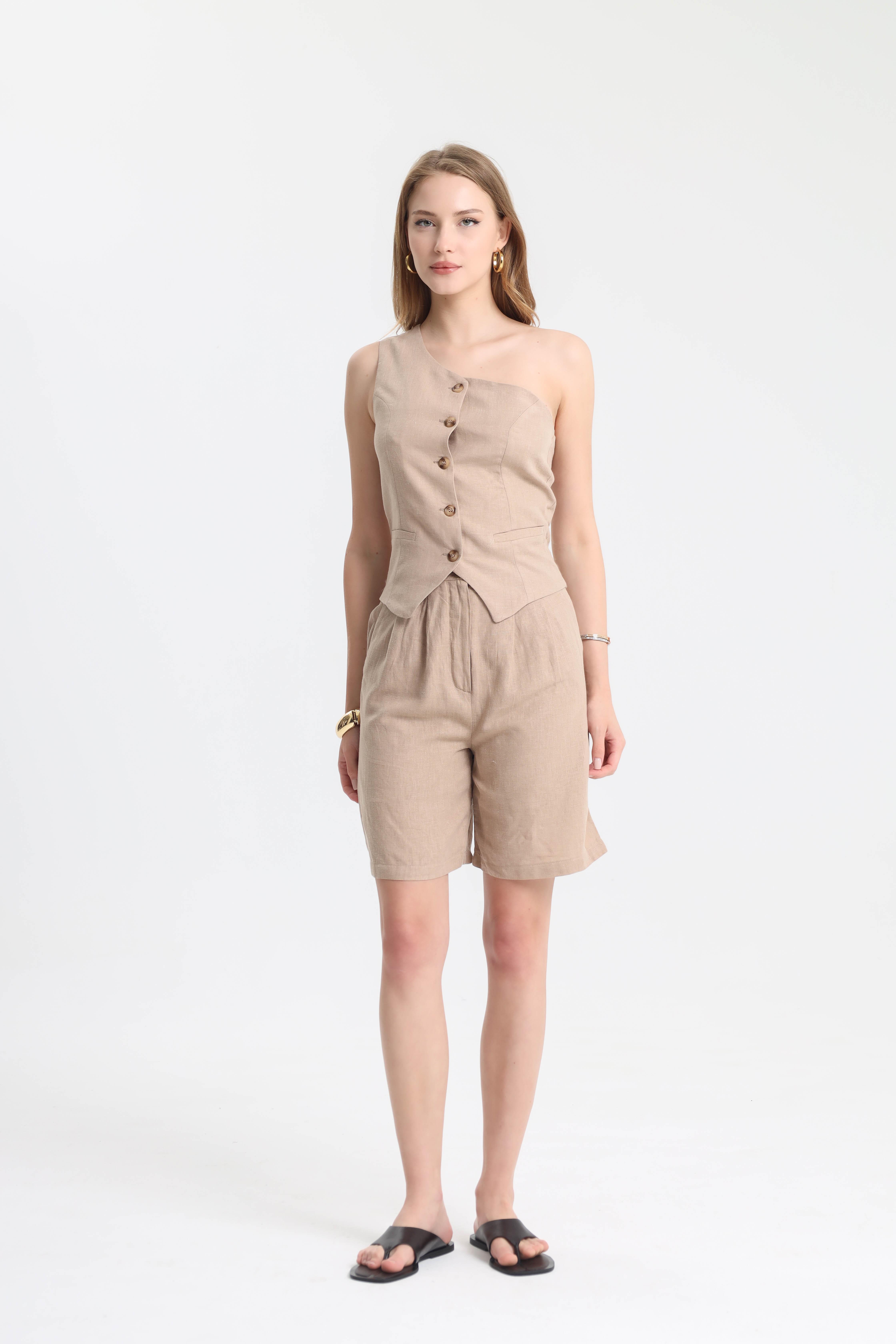 Dilek Aydın Atelier Vizon Casual %100 Keten Tek Omuz Yelek- Şort Takım