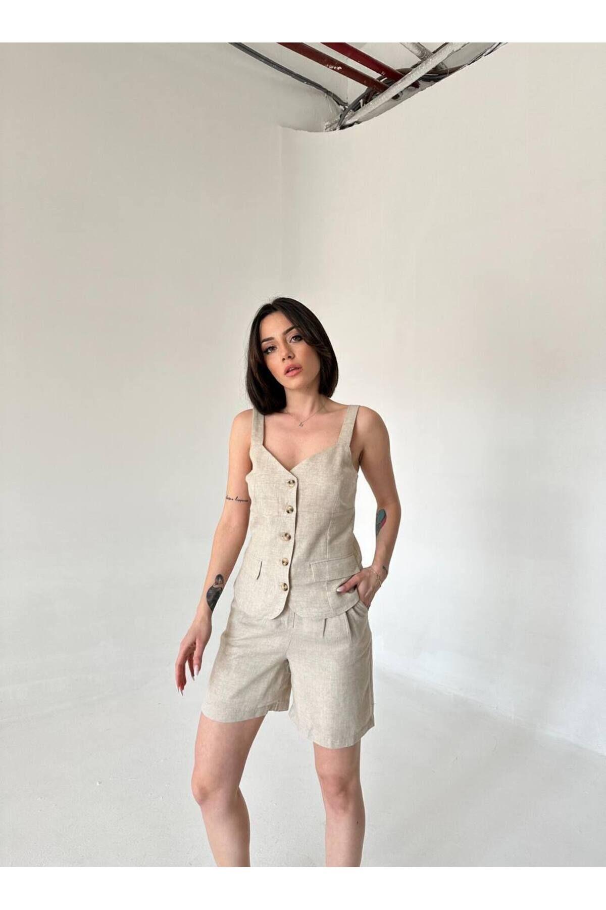 Keten askılı yelek- şort takım