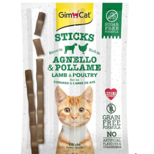 GimCat Sticks Kuzulu ve Tavuklu Tauirinli Tahılsız Kedi Ödül Çubuğu 20gr