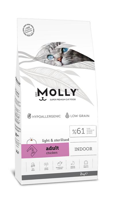 Molly Indoor Light Hipoalerjenik Tavuklu Düşük Tahıllı Kısırlaştırılmış Kedi Maması 2kg