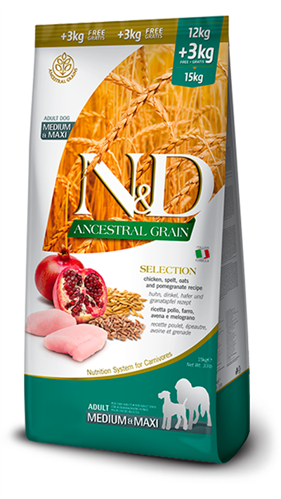 ND Düşük Tahıllı Tavuklu Narlı Medium Maxi Yetişkin Köpek Maması 12+3kg