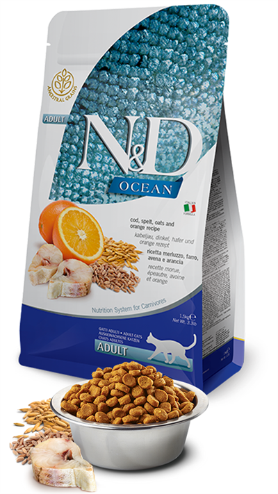 N&D Ocean Morina Balıklı ve Portakallı Ata Tahıllı Yetişkin Kedi Maması 10kg