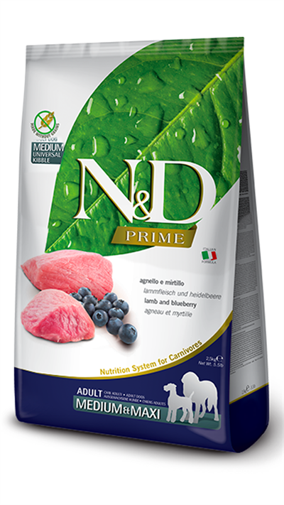 N&D Prime Kuzu Etli ve Yaban Mersinli Orta ve Büyük Tahılsız Yetişkin Köpek Maması 12kg