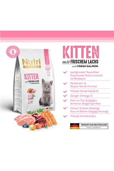 Nutri Feline Glutensiz Somonlu Düşük Tahıllı Yavru Kedi Maması 10 kg