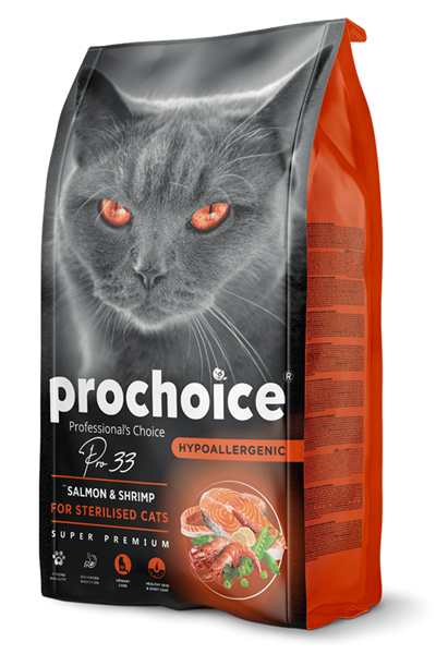ProChoice Pro 33 HypoAllergenic Somonlu ve Karidesli Düşük Tahıllı Kısırlaştırılmış Kedi Maması 15 kg