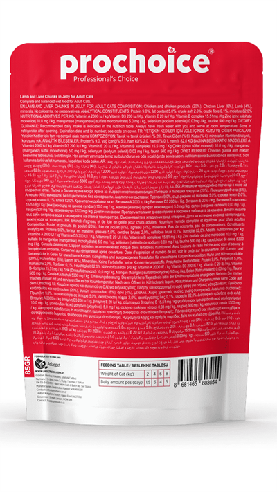 Prochoice Pouch Jöle İçinde Kuzulu ve Ciğerli Tahılsız Yetişkin Kedi Konservesi 85 Gr
