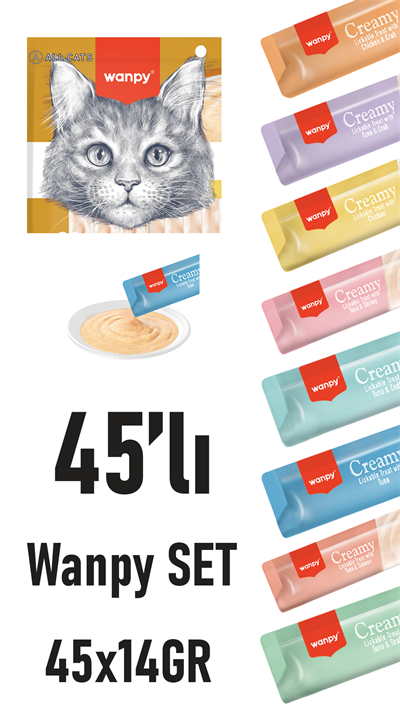 Wanpy Creamy Cat Treat Karışık Krema Sıvı Kedi Ödül Maması 45 Adet X 14 Gram