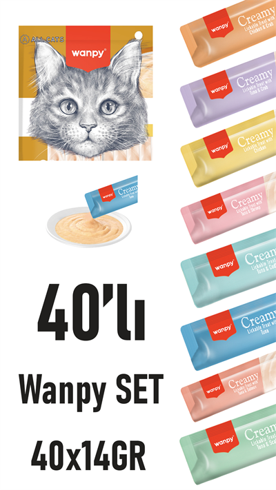 Wanpy Creamy Cat Treat Karışık Krema Sıvı Kedi Ödül Maması 40 Adet X 14 Gram
