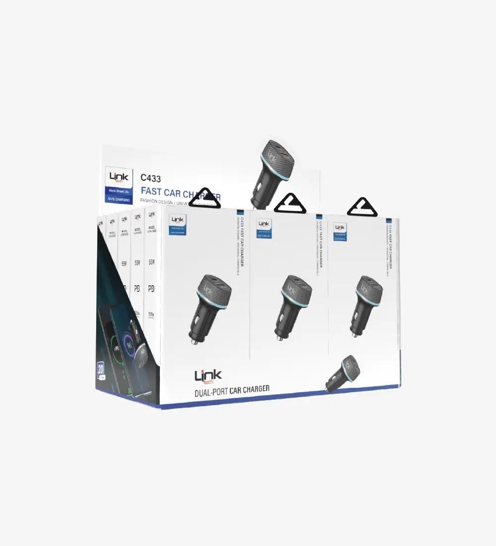 C433 55W Safe Dual PD (30W) & QC (25W) Araç Şarj Başlığı 20'li Paket