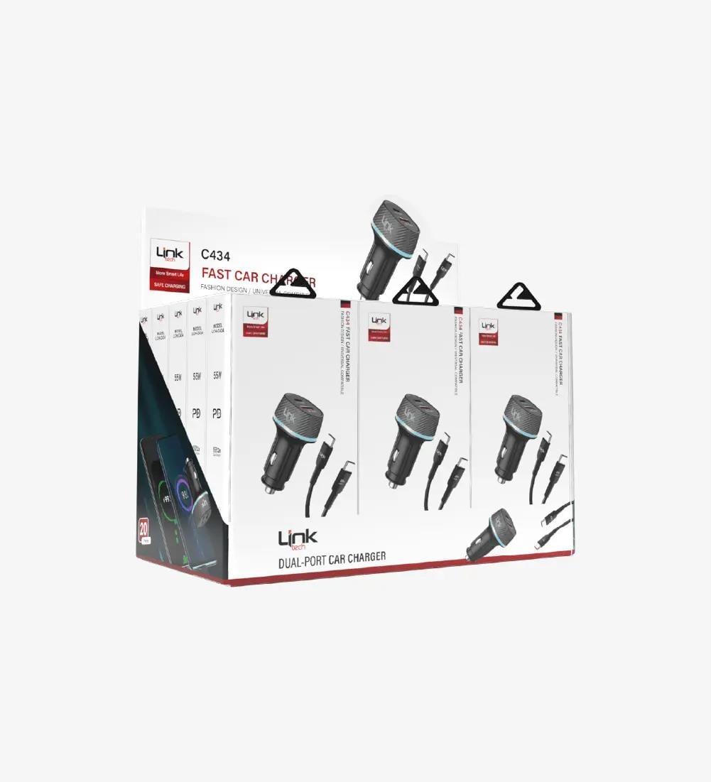 C434 55W Çift PD (30W) & QC (25W) Tip-C→Tip-C Kablolu Süper Hızlı Araç Şarj Cihazı 20'li Paket