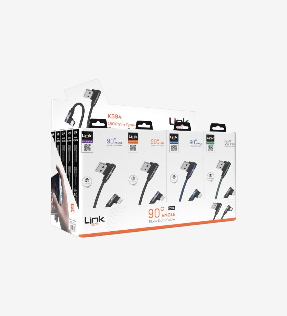 K594 Gaming 90° Derece Metalik Başlıklı 1500mm 3A Örgülü Tip-C Şarj Kablosu 20'li Paket