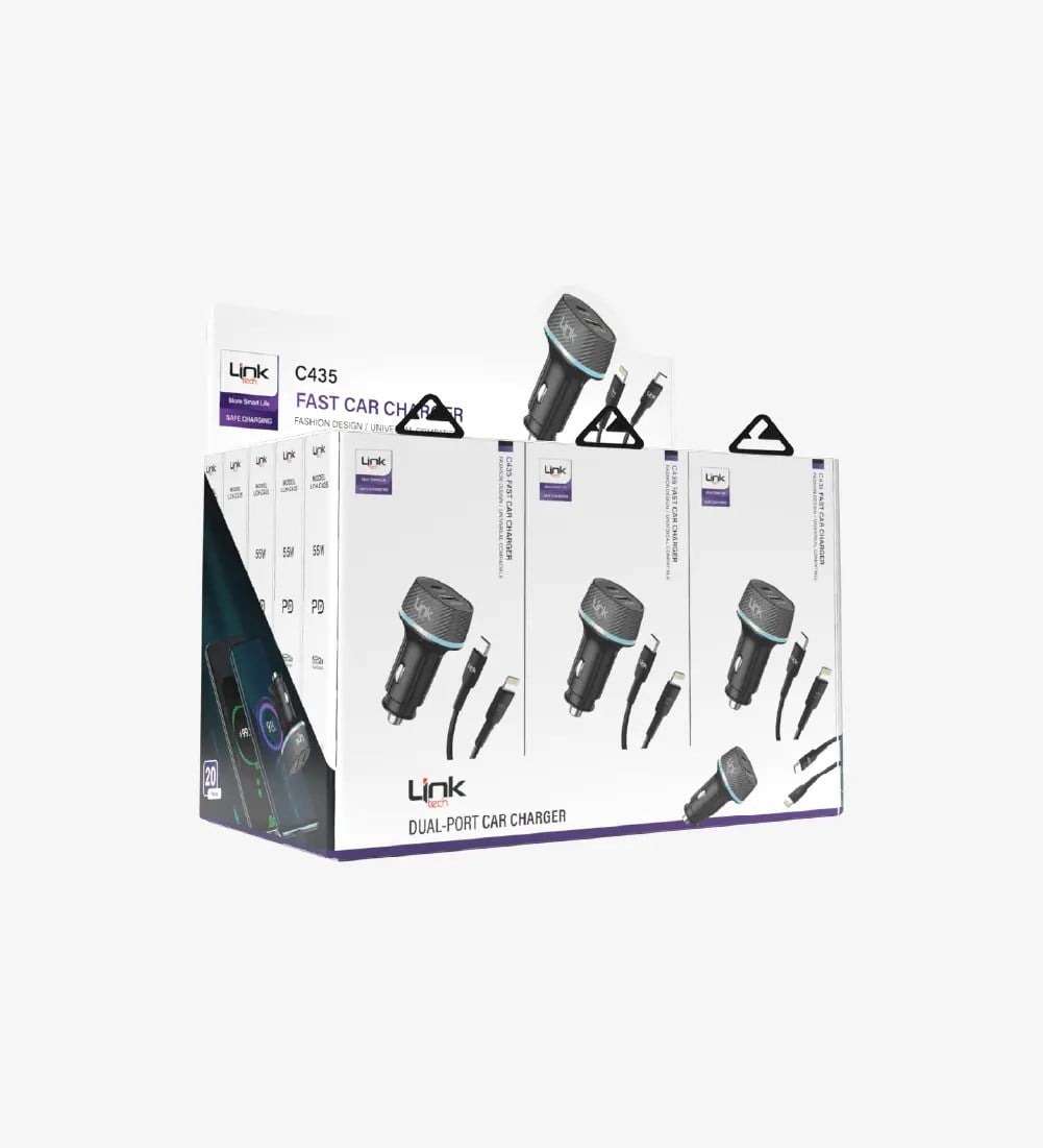 C435 55W Çift PD (30W) & QC (25W) Tip-C→Lightning Kablolu Süper Hızlı Araç Şarj Cihazı 20'li Paket