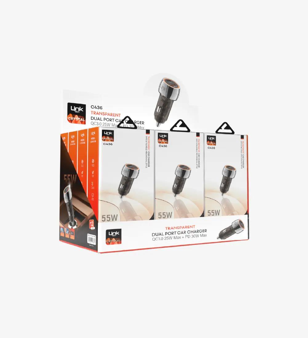 C436 Şeffaf 55W Çift PD (30W) & QC (25W) Araç Şarj Süper Hızlı Araç Şarj Cihazı 12'li Paket