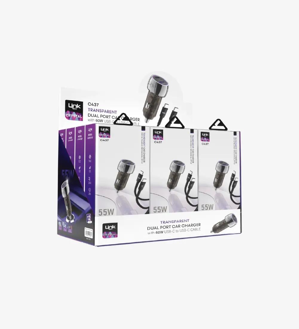 C437 Şeffaf 55W Çift PD (30W) & QC (25W) Tip-C→Tip-C Kablolu Araç Şarj Süper Hızlı Araç Şarj Cihazı 12'li Paket