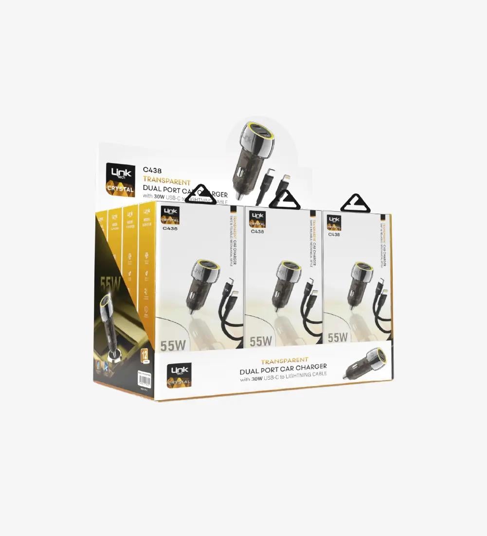 C438 Şeffaf 55W Çift PD (30W) & QC (25W) Tip-C→Lightning Kablolu Araç Şarj Süper Hızlı Araç Şarj Cihazı 12'li Paket