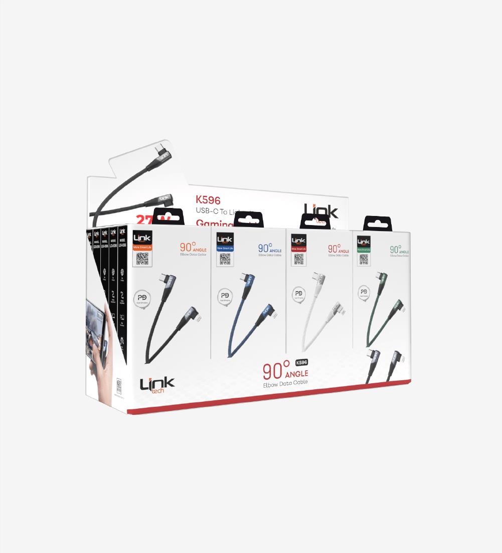 K596 Gaming 90° Derece Metalik Başlıklı 1500mm 3A 27W Örgülü Tip-C Lightning Şarj Kablosu