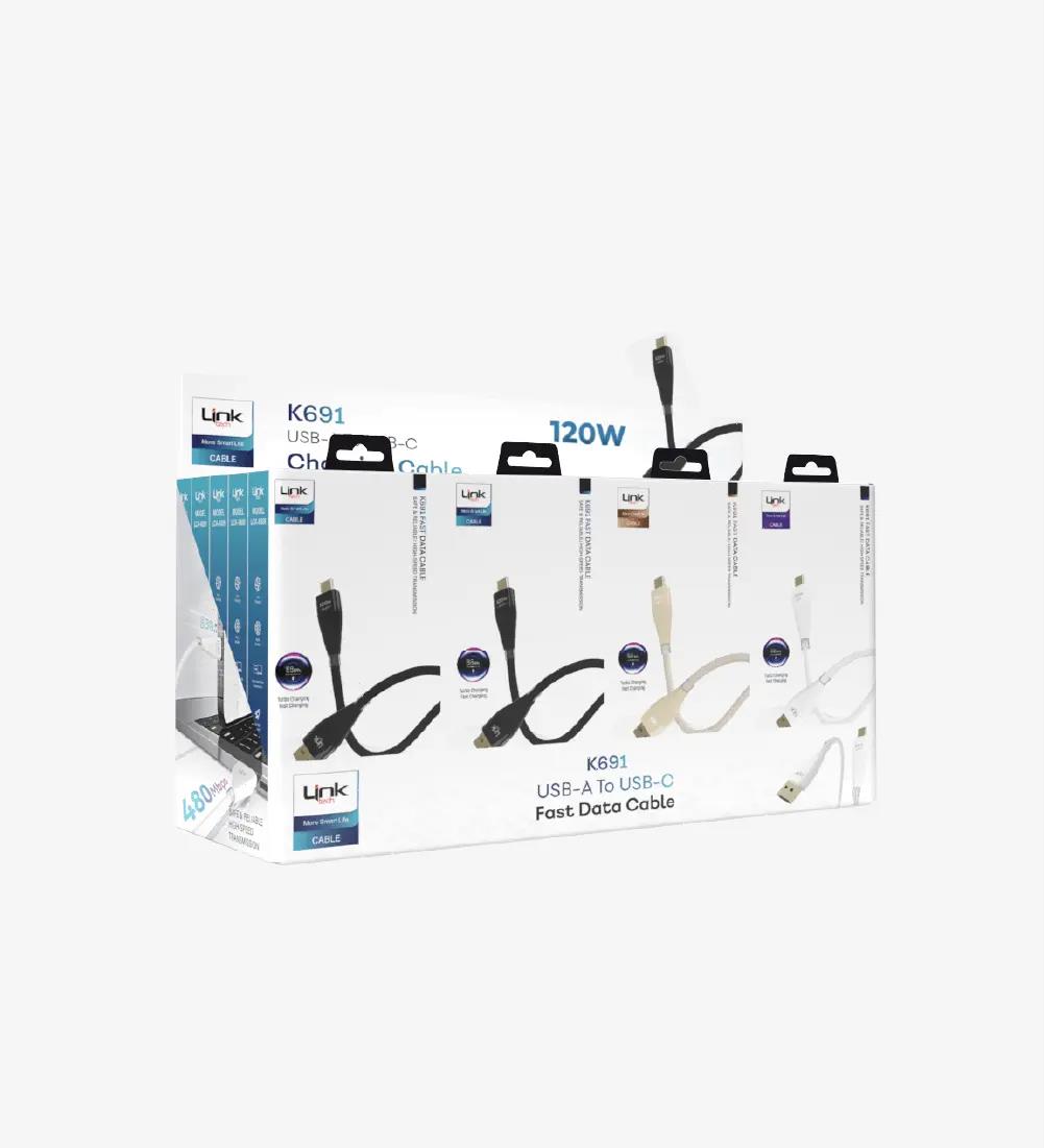 K691 Safe 1200mm 120W  USB-A → Tip-C Data Kablosu 20'li Paket