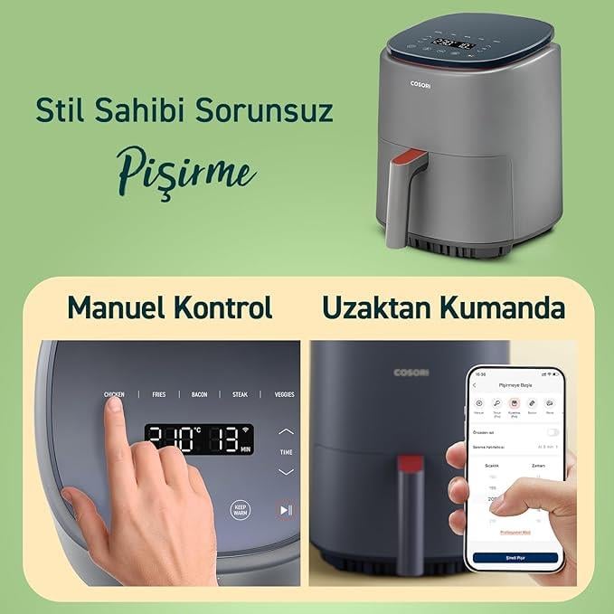COSORI Air Fryer (Sıcak Hava Fritözü), 3.8 Litre Gri, 1500 W, 7 Özelleştirme Fonksiyonu, 75 - 230°C, 1 - 3 Porsiyon, Uygulama ve Ses Kontrolü Ve Çevrimiçi Tarifler