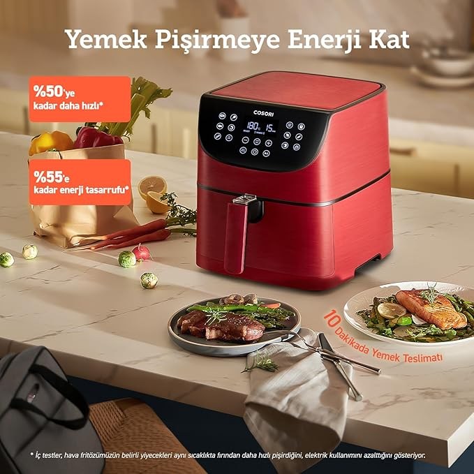 COSORI Airfryer, 1700W Max XXL 5,5 L Dijital Dokunmatik Hava Fritözleri, 100 Tarif Yemek Kitabı ve 11 önceden Ayarlanmış Fırın, Yağsız Sıcak Brülör, Yapışmaz Sepet, BPA ve PFOA içermez, Kırmızı