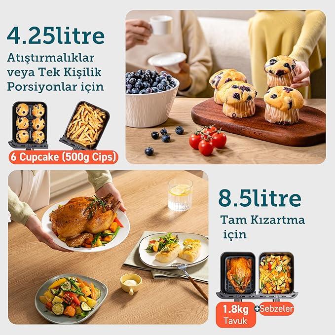 COSORI Airfryer 8-in-1 Çift Bölgeli Hava Fritözü XXL 8.5 L, Görünür Pencereye Sahip İki Yapışmaz Çekmece, Enerji Tasarrufu, 35℃ - 230℃