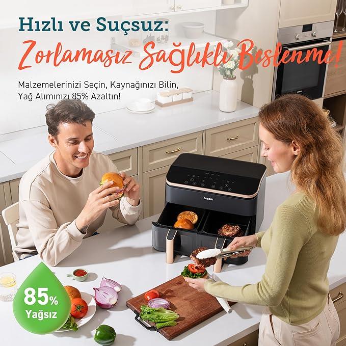 COSORI Airfryer 8-in-1 Çift Bölgeli Hava Fritözü XXL 8.5 L, Görünür Pencereye Sahip İki Yapışmaz Çekmece, Enerji Tasarrufu, 35℃ - 230℃