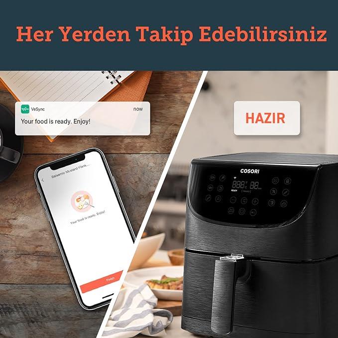 COSORI Akıllı WiFi Sıcak Hava Fritözü 5.5 Litre Air Fryer XXL, Kare ve Çıkarılabilir Basket, 13 Fonksiyon, 100den Fazla Tarif ve 11 n Ayar, Bulaşık Makinesinde Yıkanabilir, Siyah