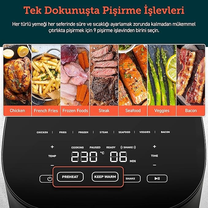 COSORI Sıcak Hava Fritözü, 4.7 Litre Air Fryer XXL, 1500 W, Dijital Temperd Glass Gösterisi, Bulaşık Makinesinde Yıkanabilir, Hava Üfleme Teknolojisi, Max 230°C Ayarlama, 9 Fonksiyon, Gri