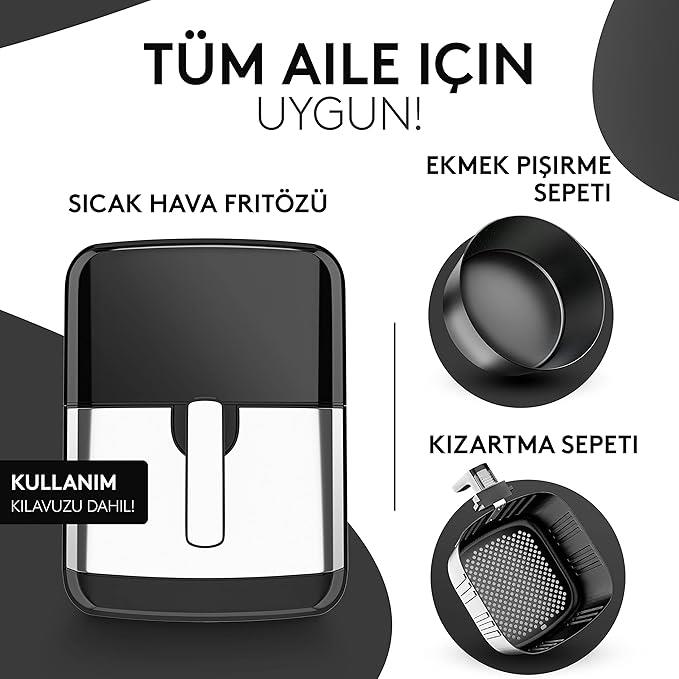 VANDENBERG Airfryer - 5.5 Litre Hacim - 12 Program Airfritöz - 1700 W - Yağsız - Ekmek & Kızartma Sepeti - Yapışmaz Kaplama Sistemi, Dokunmatik Ekran