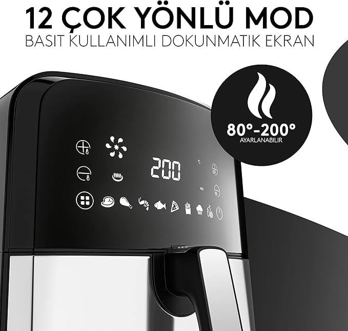 VANDENBERG Airfryer - 5.5 Litre Hacim - 12 Program Airfritöz - 1700 W - Yağsız - Ekmek & Kızartma Sepeti - Yapışmaz Kaplama Sistemi, Dokunmatik Ekran