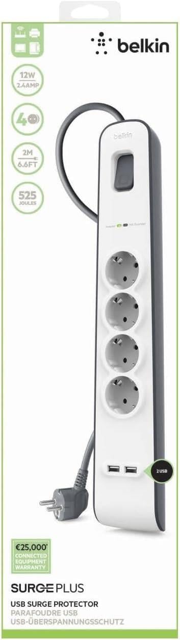 Belkin Surge Plus 4lü priz, yüksek gerilim korumalı (2,4 A, 2 m kablolu 2 USB bağlantısı dahil) beyaz/gri BSV401VF2M