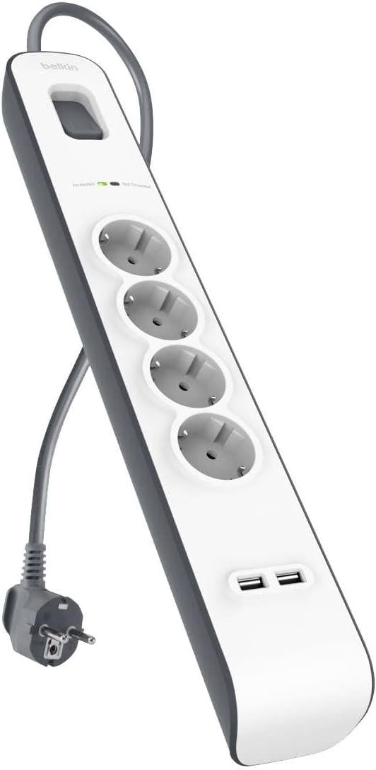 Belkin Surge Plus 4lü priz, yüksek gerilim korumalı (2,4 A, 2 m kablolu 2 USB bağlantısı dahil) beyaz/gri BSV401VF2M