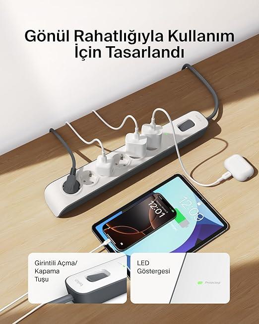 Belkin Surge Plus Priz (Dalgalanma Koruyucu 2.4A, 2m Kablo), Beyaz / Gri