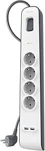 Belkin Surge Plus 4lü priz, yüksek gerilim korumalı (2,4 A, 2 m kablolu 2 USB bağlantısı dahil) beyaz/gri BSV401VF2M