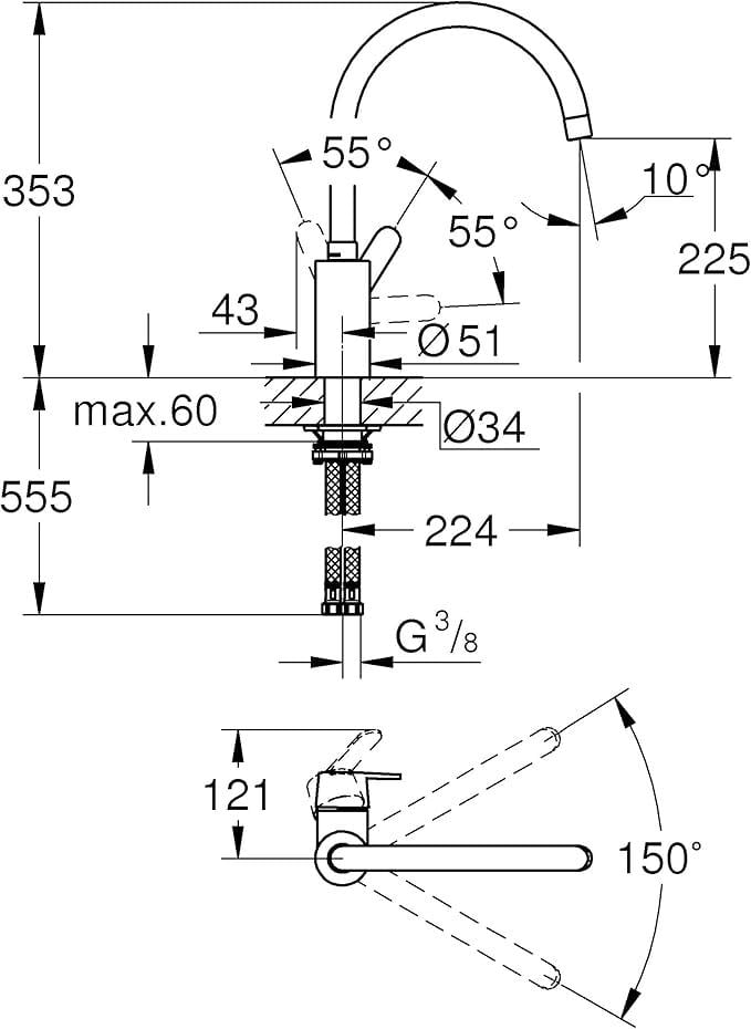 GROHE Get QuickFix Eviye Bataryası |0° / 150° Dönüş Açışı | Krom | 31494001