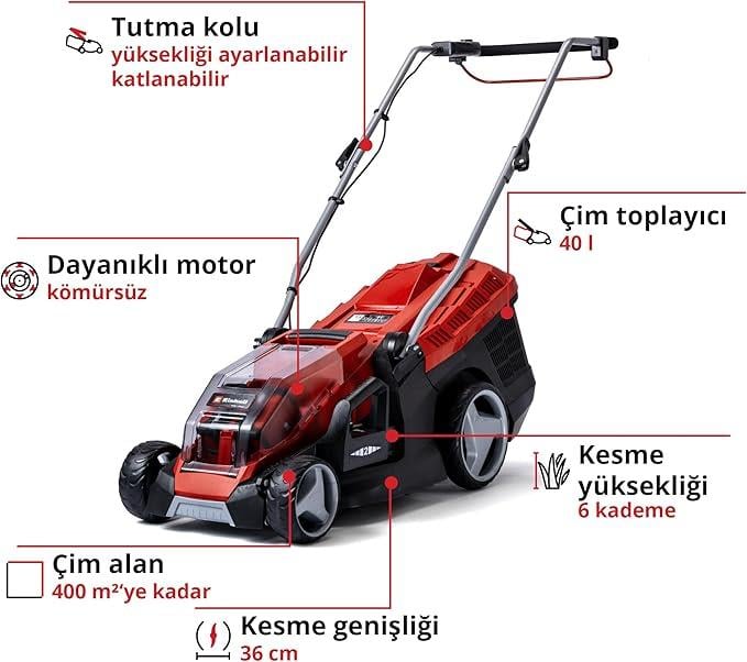 Einhell Akülü Çim Biçme Makinesi GE-CM 36/36 Li Kit Power X-Change (36 V, 36 cm kesme genişliği, kömürsüz, 40L hazne, 25-75 mm kesme yüksekliği, 2x 4,0 Ah akü + 2x şarj cihazı dahildir) - 3413230