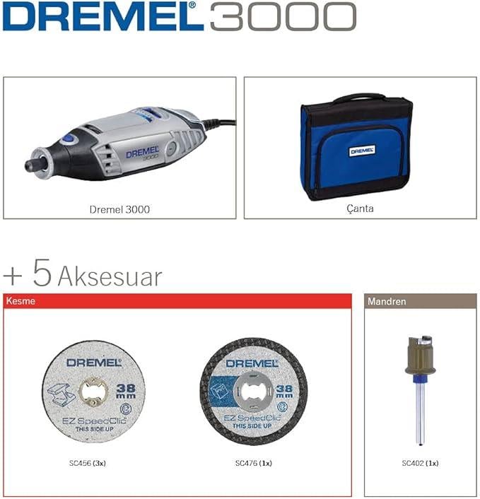 OUTLET Dremel 3000 çok amaçlı alet, 130 W, Amazon özel set, 5 aksesuar parçası, değişken döner 10.000 