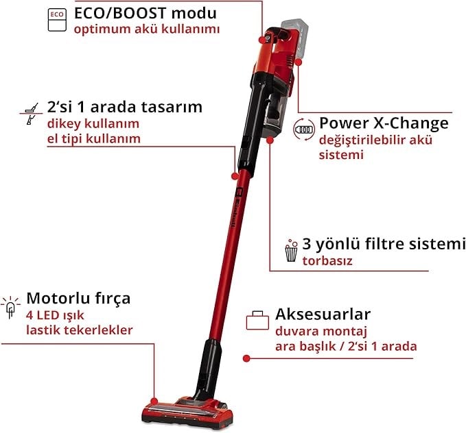 Einhell Akülü Dikey Süpürge TE-SV 18 Li-Solo Power X-Change (Li-Ion, 18V, torbasız, siklon teknolojisi, BOOST modu, 3’lü filtre sistemi) - 2347180