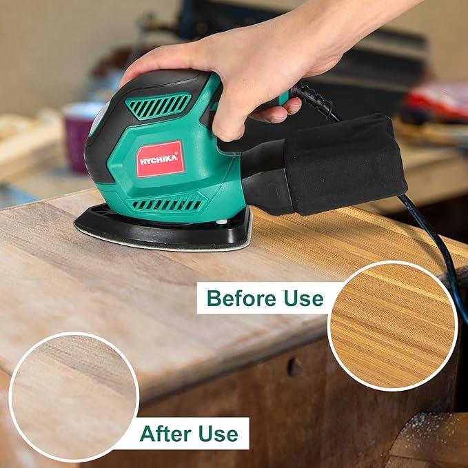 HYCHIKA BETTER TOOLS FOR BETTER LIFE Döner zımpara makinesi, 200 W, 14000 devir/dakika, üçgen zımpara, titreşimli, 12 zımpara kağıdı ve toz toplayıcı, dar ve dar odalar için ideal