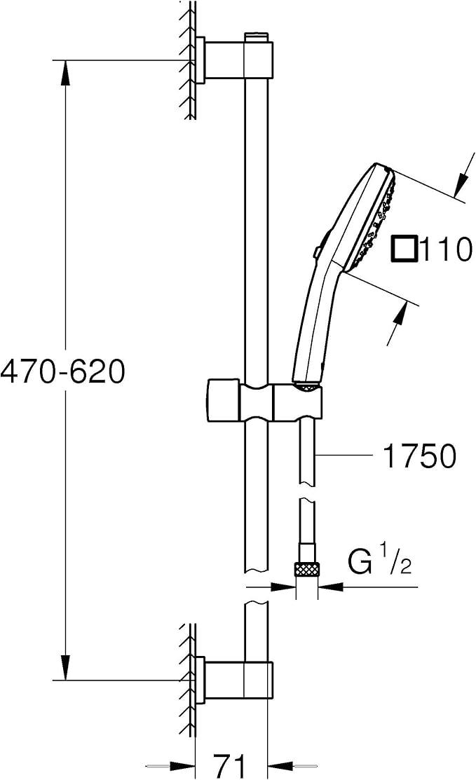 GROHE Vitalio Comfort 110 Sürgülü Duş Seti, 110mm Kare 3 Akışlı (Masaj, Yağmur & Jet) El Duşu, 600mm Sürgülü Ray, 1750mm Duş Hortumu, Krom, 26096001