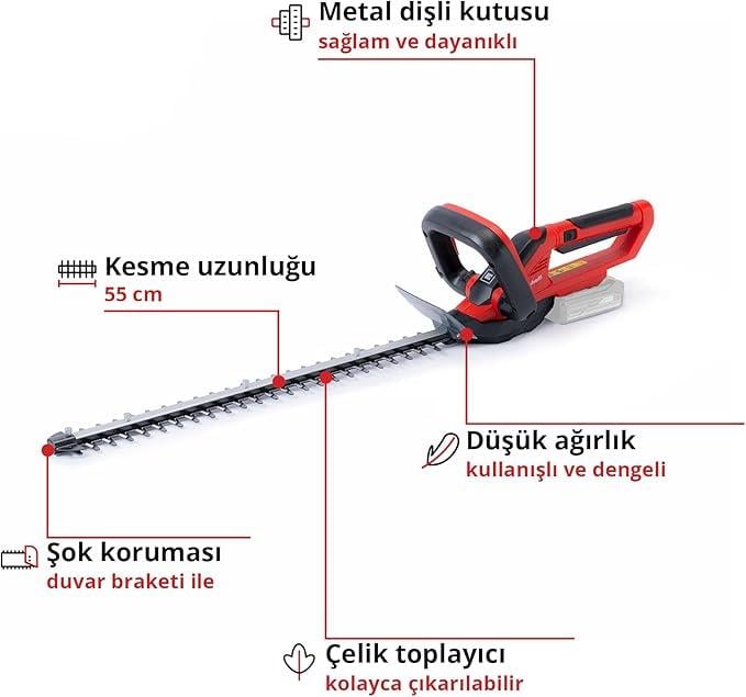 Einhell Akülü Çit Budama GC-CH 1855/1 Li-Solo Power X-Change (18V, 55 cm kesme uzunluğu, 18 mm diş aralığı, kırpıntı toplayıcı, akü dahil değildir) - 3410502