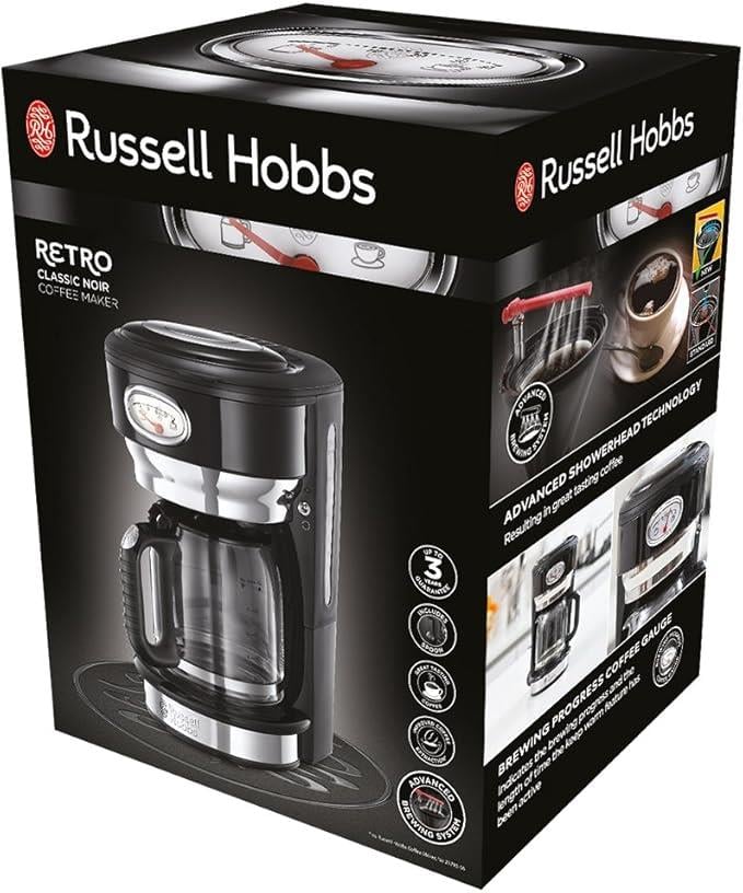OUTLET Russell Hobbs 21701-56 Kahve Makinesi, 10 Fincana Kadar, 1.25 L Cam Sürahi, Retro Tasarım, Demleme ve Isıtma Ekranı, Otomatik Kapanma, Isıtma Plakası, 1000W, Siyah