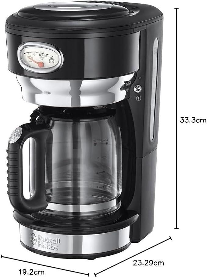OUTLET Russell Hobbs 21701-56 Kahve Makinesi, 10 Fincana Kadar, 1.25 L Cam Sürahi, Retro Tasarım, Demleme ve Isıtma Ekranı, Otomatik Kapanma, Isıtma Plakası, 1000W, Siyah