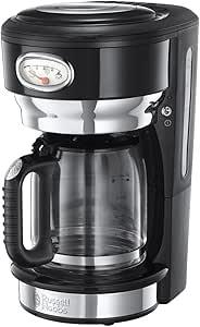 OUTLET Russell Hobbs 21701-56 Kahve Makinesi, 10 Fincana Kadar, 1.25 L Cam Sürahi, Retro Tasarım, Demleme ve Isıtma Ekranı, Otomatik Kapanma, Isıtma Plakası, 1000W, Siyah