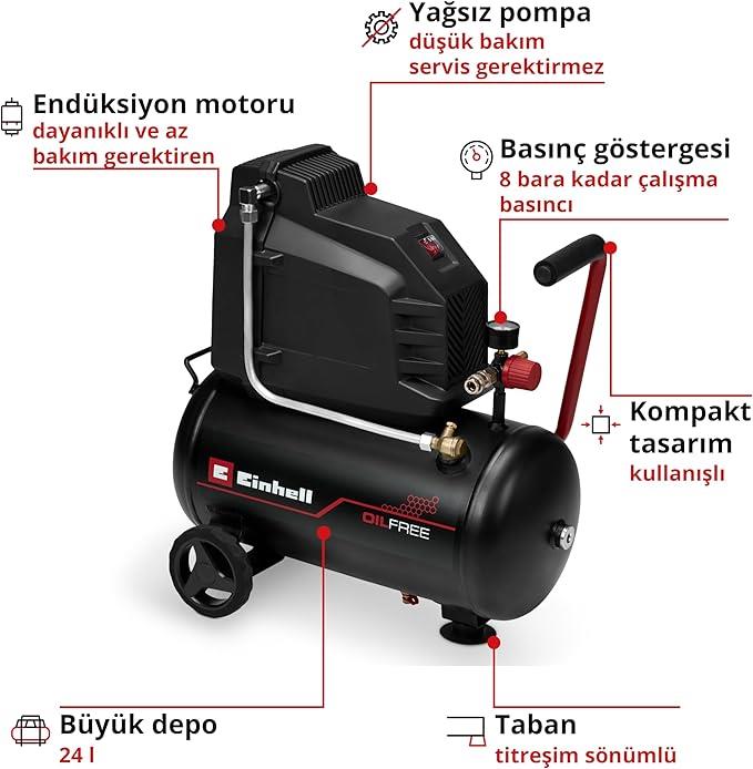 Einhell Yağsız kompresör TC-AC 190/24/8 I OF (1.100 W, maks. 8 bar, 24 l tank, 190 l/m emiş kapasitesi, yağsız, az bakım gerektiren, basınç göstergesi, basınç regülatörü)