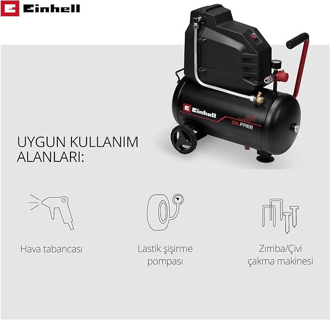 Einhell Yağsız kompresör TC-AC 190/24/8 I OF (1.100 W, maks. 8 bar, 24 l tank, 190 l/m emiş kapasitesi, yağsız, az bakım gerektiren, basınç göstergesi, basınç regülatörü)