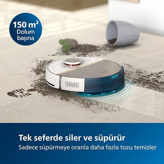 OUTLET Philips XU7000/02 HomeRun 7000 Serisi Aqua Islak ve Kuru Temizlik Robotu, Güçlü 5200 mAh Li-Ion Pil,5000 Pa Emiş Gücü, 360 Lazer Navigasyon, EPA11 Filtre