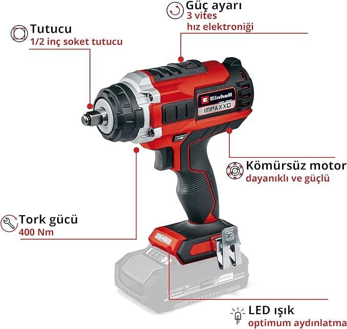 Einhell IMPAXXO 18/400, Akülü Darbeli Somun Sıkma Kömürsüz 4510070 (SOLO,Akü ve Şarj İçermez)