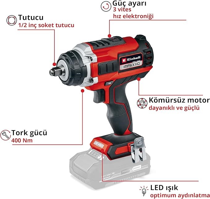Einhell IMPAXXO 18/400, Akülü Darbeli Somun Sıkma Kömürsüz 4510070 (SOLO,Akü ve Şarj İçermez)